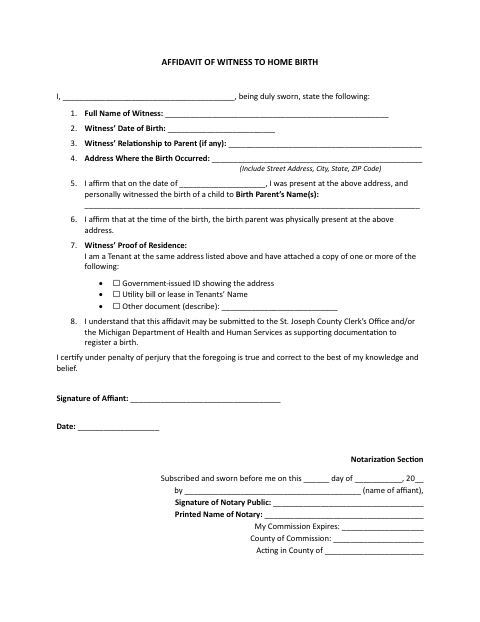 Affidavit of Witness to Home Birth, St. Joseph County form, first page