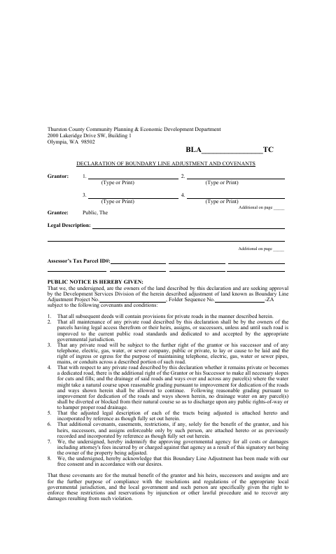Declaration of Boundary Line Adjustment and Covenants, Thurston County form, first page