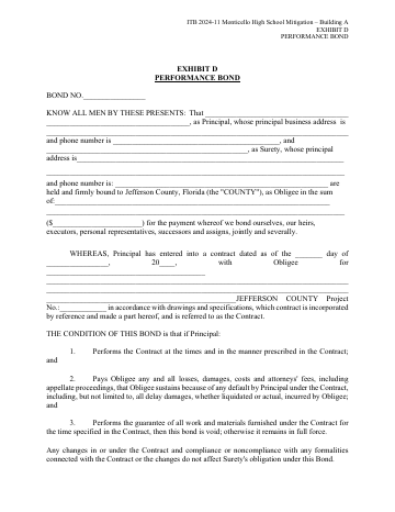 Building A EXHIBIT D PERFORMANCE BOND — Jefferson County form, first page