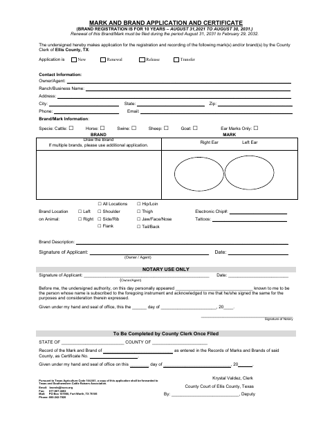Mark and Brand Application and Certificate, Ellis County form, first page