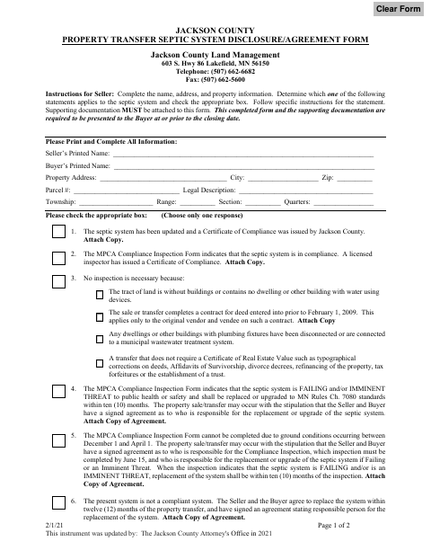 Property Transfer Septic System Disclosure Agreement, Jackson County form, first page