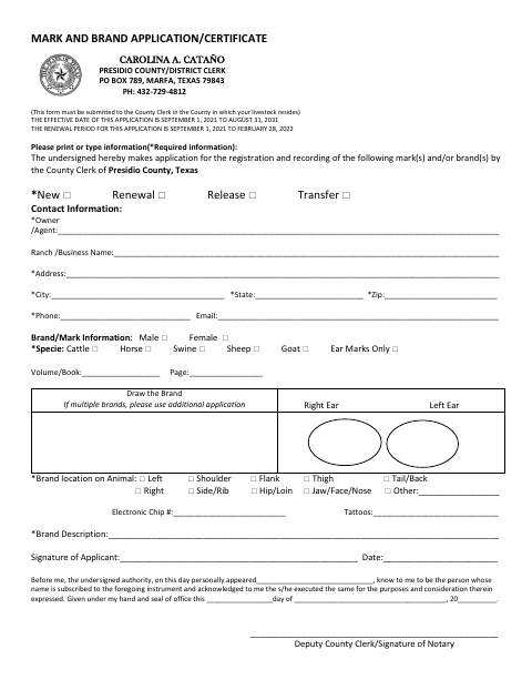 Mark And Brand Application/Certificate, Presidio County form, first page