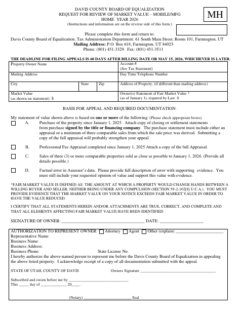 Request for Review of Market Value – Mobile/Mfg Home, Davis County form, first page