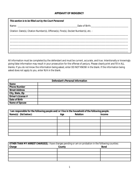 First page of the Affidavit of Indigency