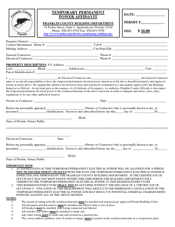 TEMPORARY PERMANENT POWER AFFIDAVIT $ 10.00 — Franklin County form, first page