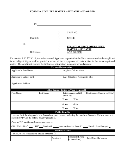 Civil Fee Waiver Affidavit and Order, Miami County form, first page