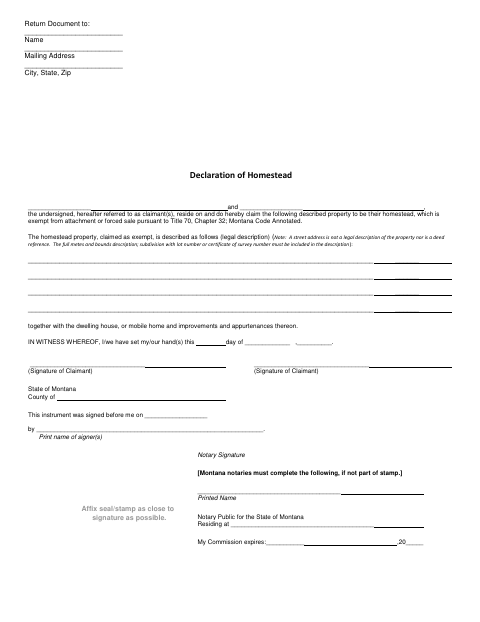 Homestead Declaration, Park County form, first page
