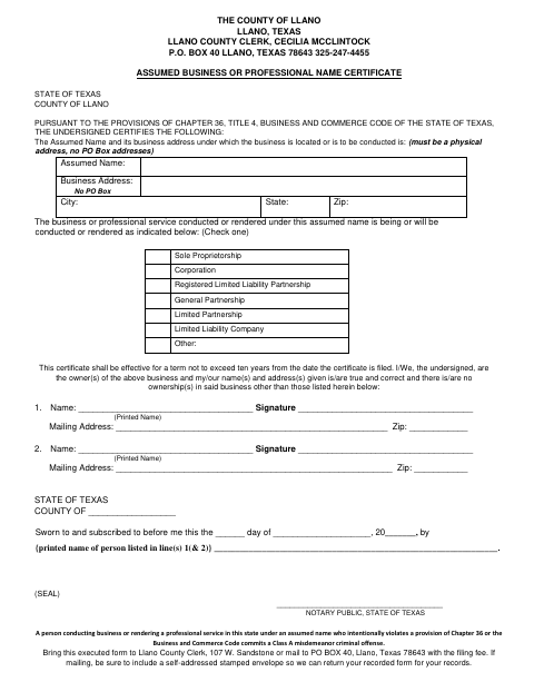 Assumed Business or Professional Name Certificate, Llano County form, first page