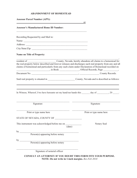 Abandonment of Homestead, Washoe County form, first page