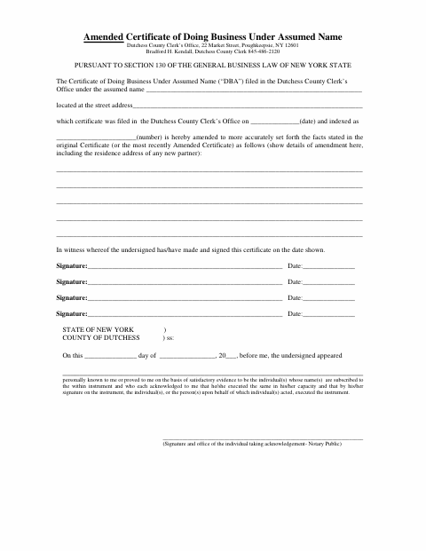Amended Certificate of Doing Business Under Assumed Name, Dutchess County form, first page