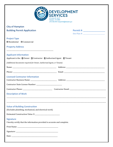 Building Permit Application, City of Hampton form, first page