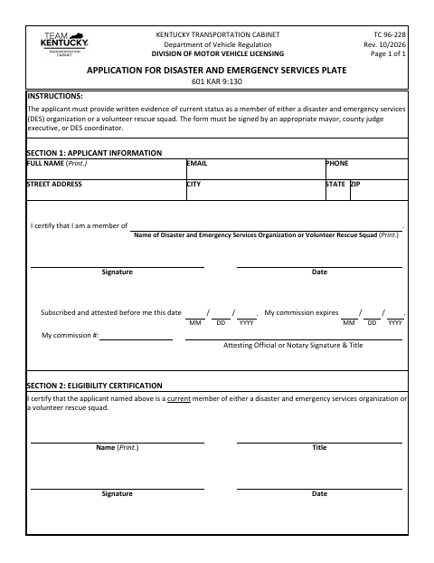 TC 96-228 Disaster and Emergency Services Plate Application first page