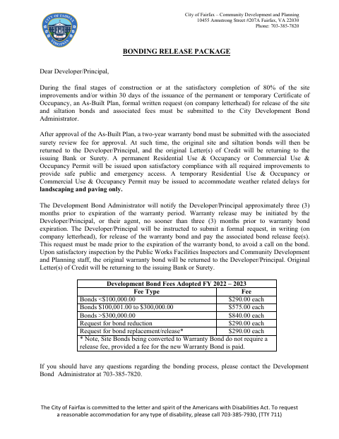 Bonding Release Package, City of Fairfax form, first page