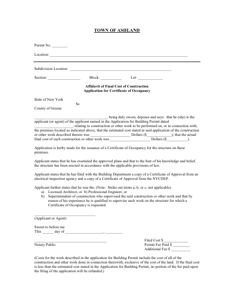 First page of the Affidavit of Final Cost of Construction