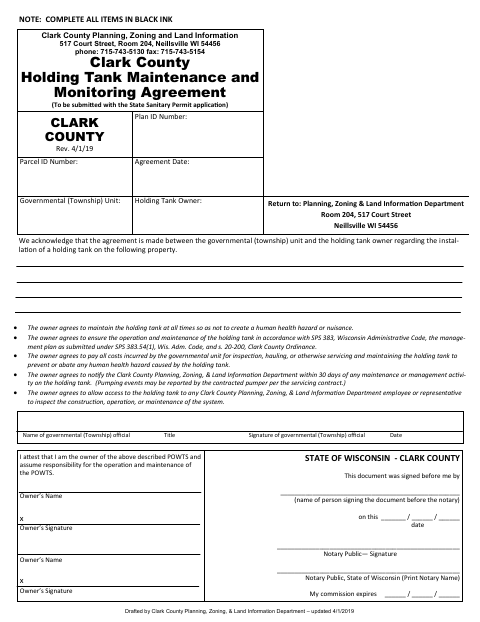 Holding Tank Maintenance and Monitoring Agreement, Clark County form, first page