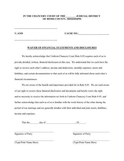 Waiver of Financial Statements and Disclosures, Hinds County form, first page