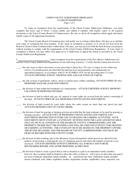 Subdivision Ordinance Claim of Exemption, Union County form, first page