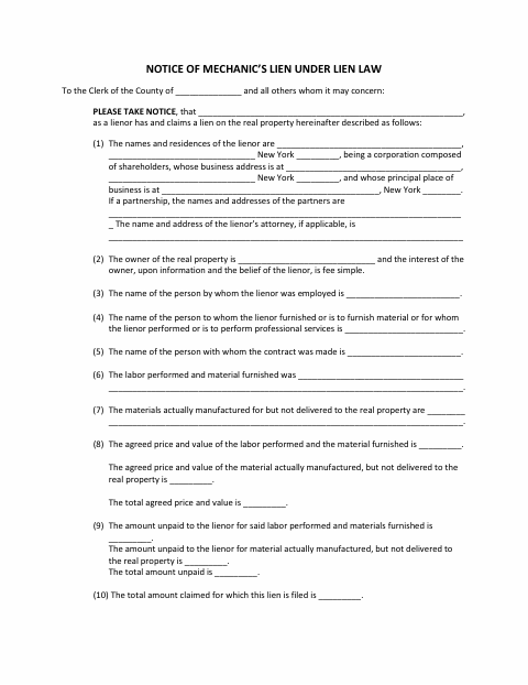Notice of Mechanic’s Lien Under Lien Law, Dutchess County form, first page
