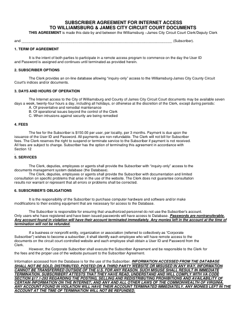 Subscriber Agreement for Internet Access to Court Documents, James City County form, first page