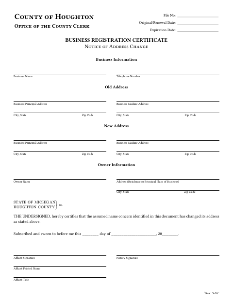 Business Registration Certificate Address Change, Houghton County form, first page