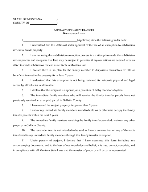 Affidavit Of Family Transfer, Gallatin County form, first page