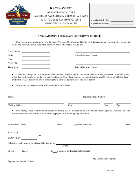 Application for Duplicate Certificate of Title, Albany County form, first page