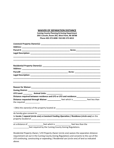 Waiver of Separation Distance, Cuming County form, first page