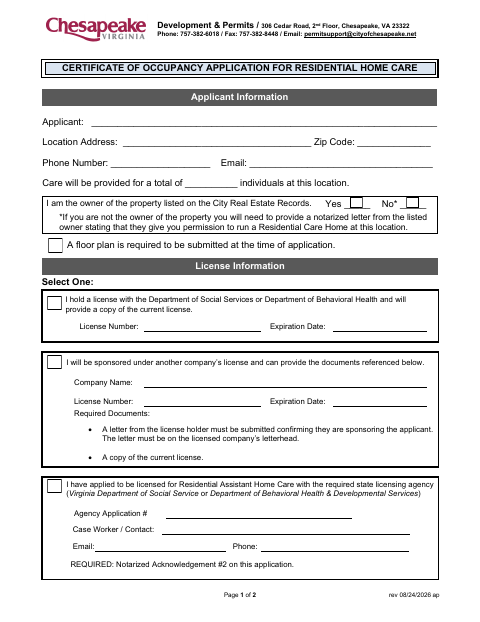 Residential Home Care Application, City of Chesapeake form, first page