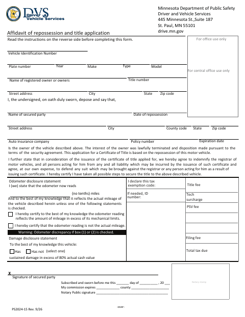 PS2024-15 Affidavit of Repossession and Title Application first page