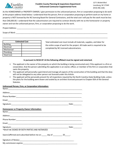 Unlicensed Contractor Supplemental Form, Franklin County form, first page