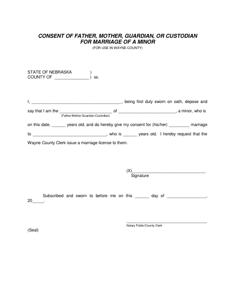 Consent of Father, Mother, Guardian, or Custodian for Marriage of a Minor, Wayne County form, first page