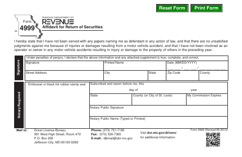 Form 4999 Affidavit for Return of Securities first page
