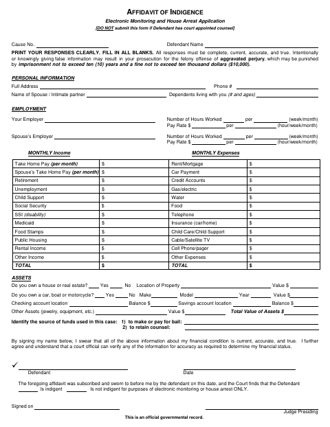 Affidavit of Indigency for Electronic Monitoring and House Arrest, McLennan County form, first page