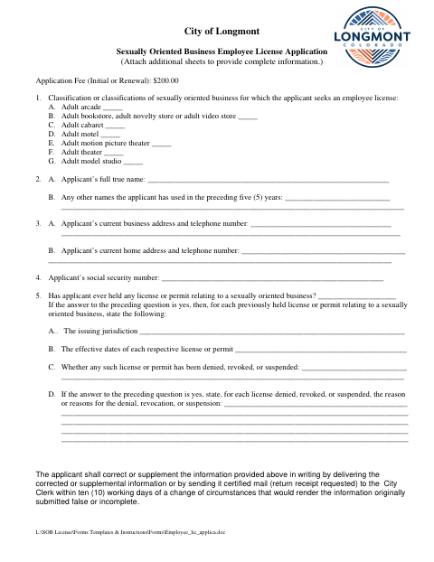 First page of the Sexually Oriented Business Employee License Application