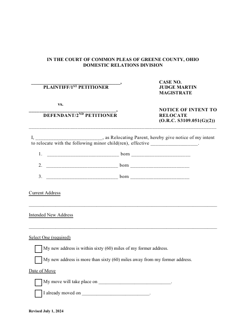 Notice Of Intent To Relocate, Greene County form, first page