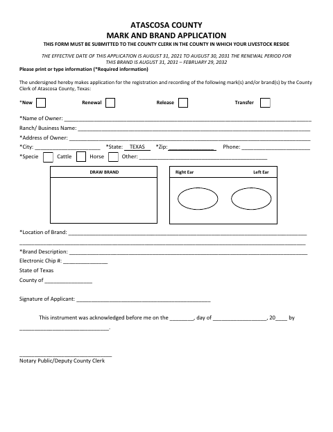 Mark And Brand Application, Atascosa County form, first page