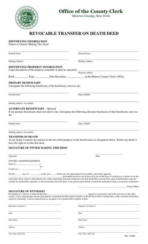 Revocable Transfer on Death Deed, Monroe County form, first page