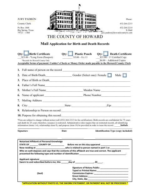 Application for Birth and Death Records, Howard County form, first page