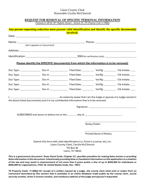 Request for Removal of Specific Personal Information, Llano County form, first page