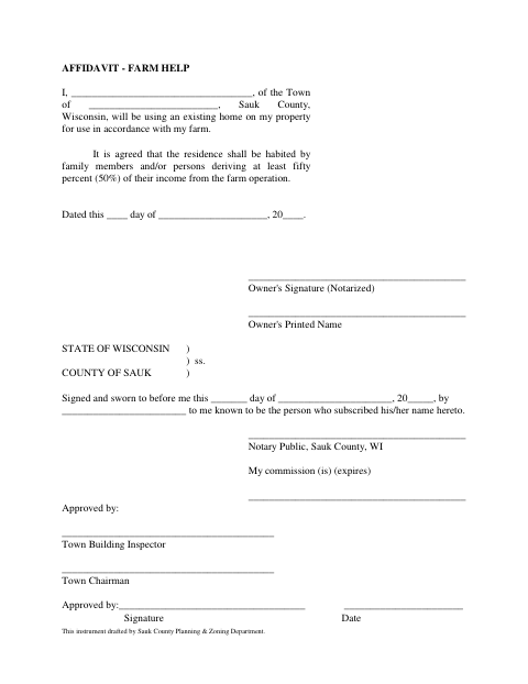 Farm Help at Existing Home Affidavit, Sauk County form, first page