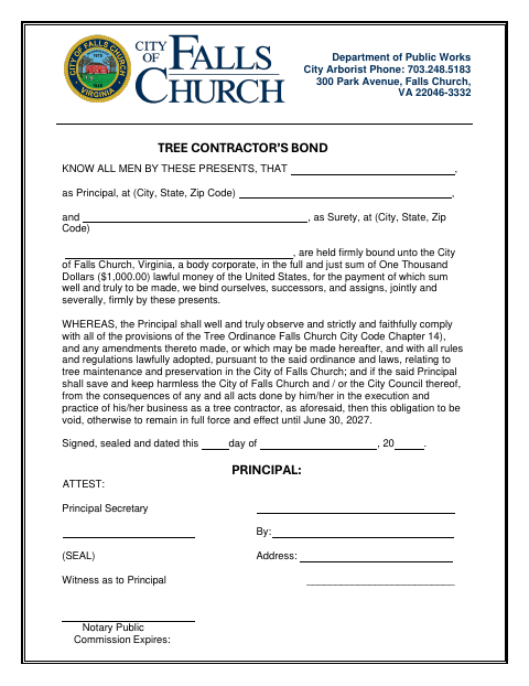 Tree Contractor’s Bond, City of Falls Church form, first page