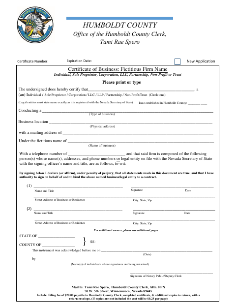 Certificate of Business: Fictitious Firm Name, Humboldt County form, first page