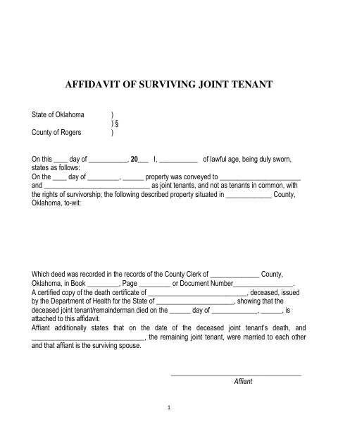 Affidavit of Surviving Joint Tenant, Rogers County form, first page