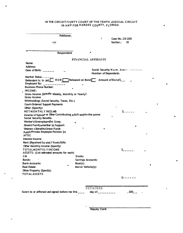 FINANCIAL AFFIDAVIT — Hardee County form, first page