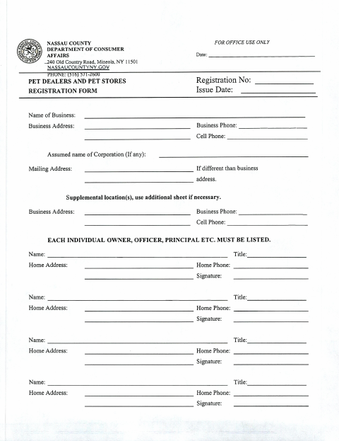 Pet Dealers and Pet Stores Registration Form, Nassau County form, first page