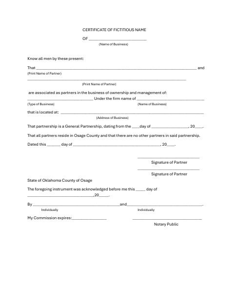 Certificate of Fictitious Name, Osage County form, first page