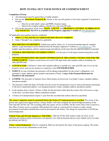 First page of the Palm Beach County Notice of Commencement