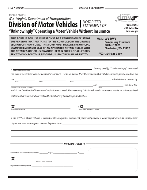 DMV-INS-1 Unknowingly Operating a Motor Vehicle Without Insurance first page