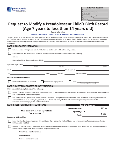 HD002290 Request to Modify a Preadolescent Child’s Birth Record first page