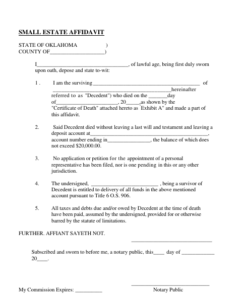 Small Estate Affidavit, Tillman County form, first page